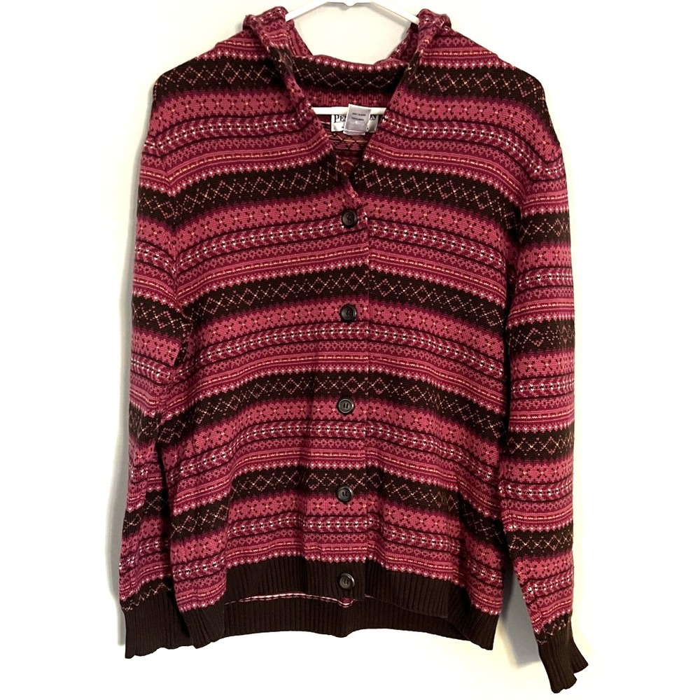 Pendleton Sweater Womens L Cranberry/Brown Merino Wool Fair Isle Button Cardigan